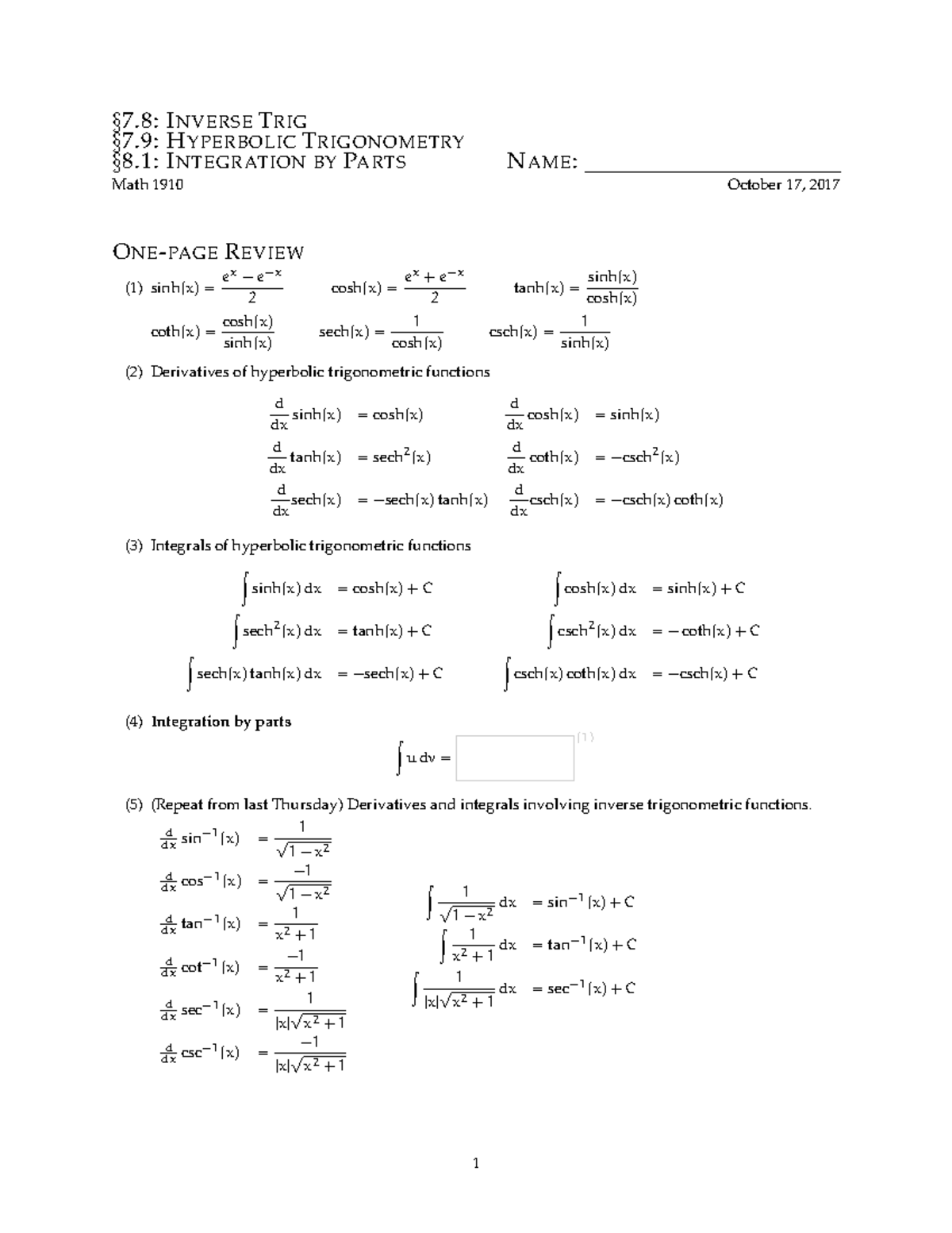 1910fa17-recitation 10 - §7: INVERSE TRIG §7: HYPERBOLIC TRIGONOMETRY ...