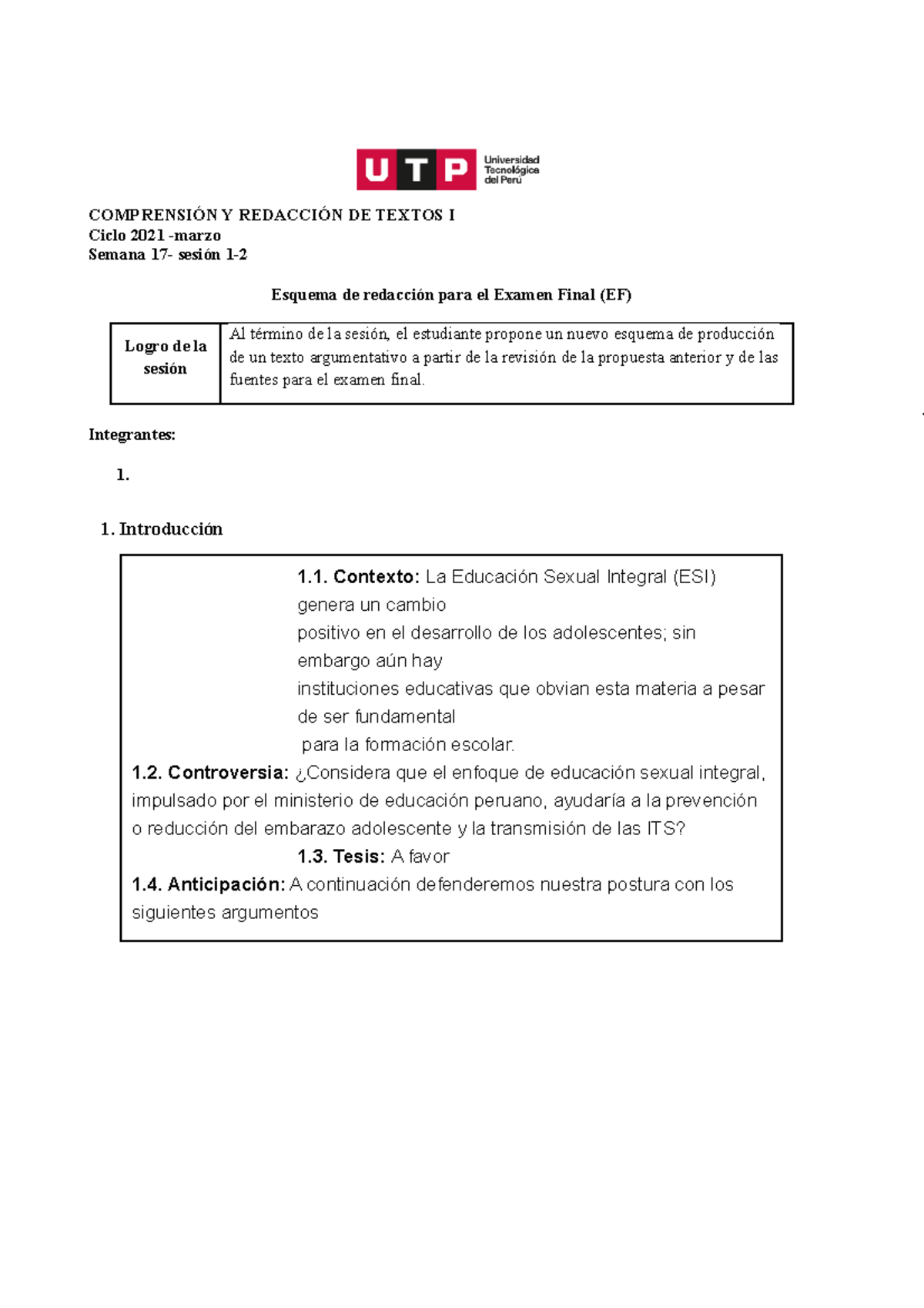 S17.s1 S2 Esquema Para EF - COMPRENSIÓN Y REDACCIÓN DE TEXTOS I Ciclo ...