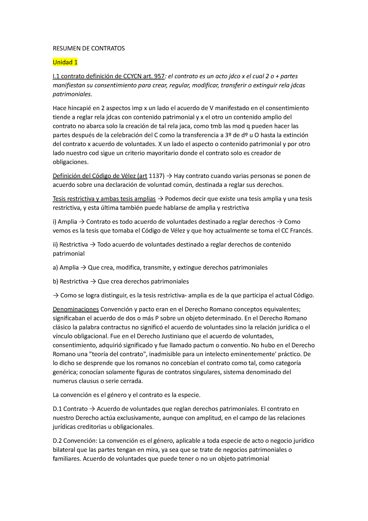 Resumen De Contratos Resumen De Contratos Unidad 1 I Contrato Definición De Ccycn Art 957 El 1749