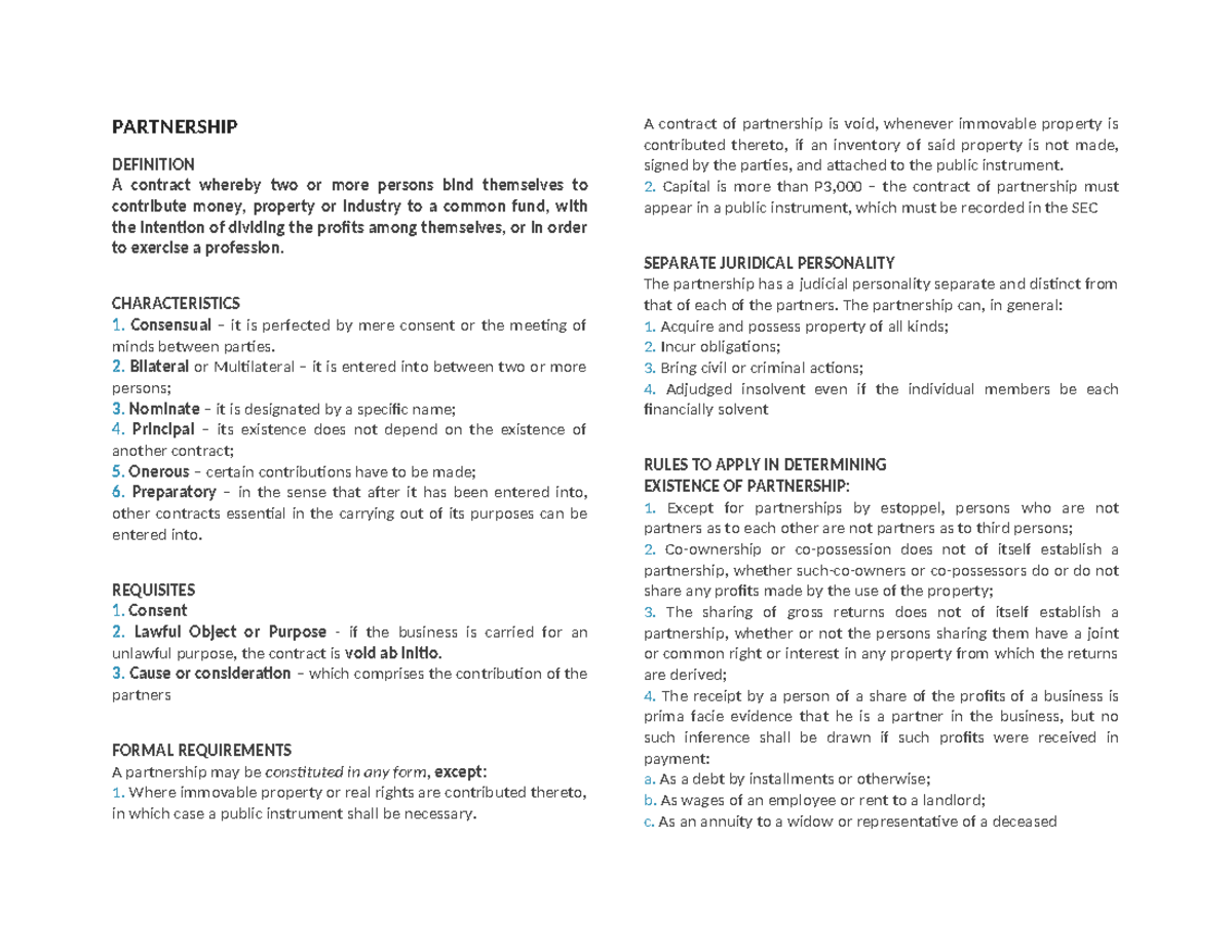 Partnership Notes - PARTNERSHIP DEFINITION A contract whereby two or ...