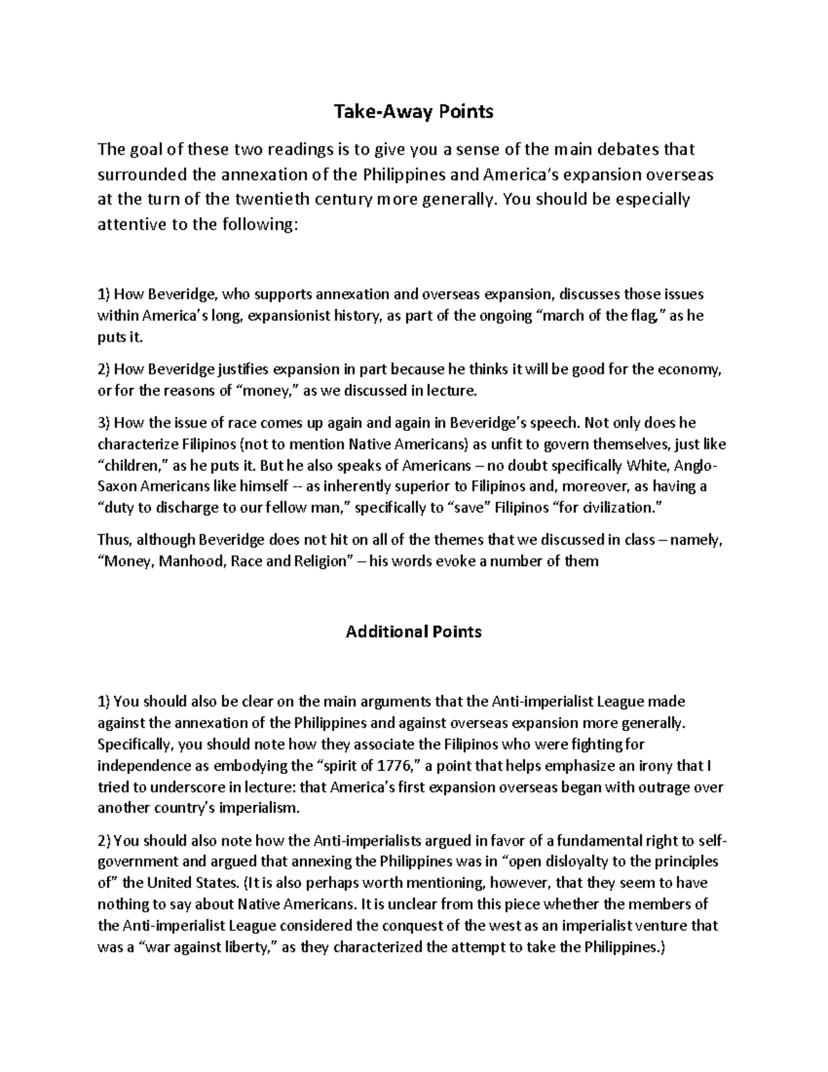 Takeaway Points - Beveridge Anti-imperialists - Take-Away Points The ...