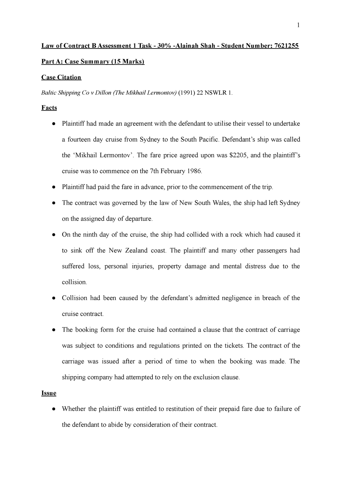 Contract B Assignment - Law Of Contract B Assessment 1 Task - 30% ...