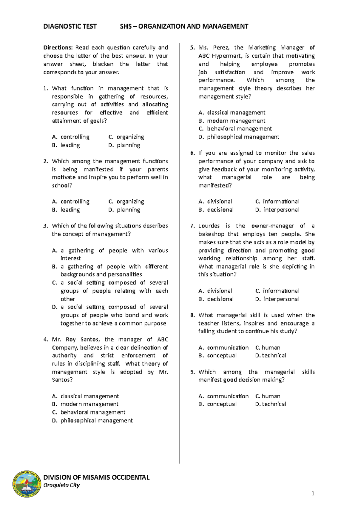 SHS ABM Organization- Management Diagnostic-TEST - Directions: Read ...