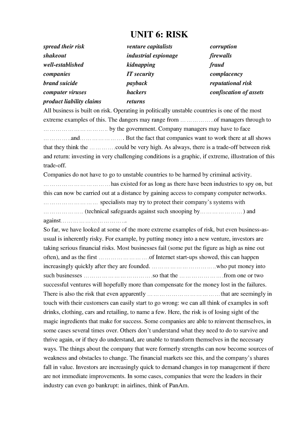 Unit 6 Practice - With Key - UNIT 6: RISK Spread Their Risk Shakeout ...