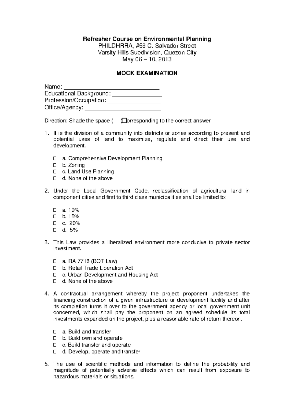 Mock Examination Environmental planning Refresher Course on