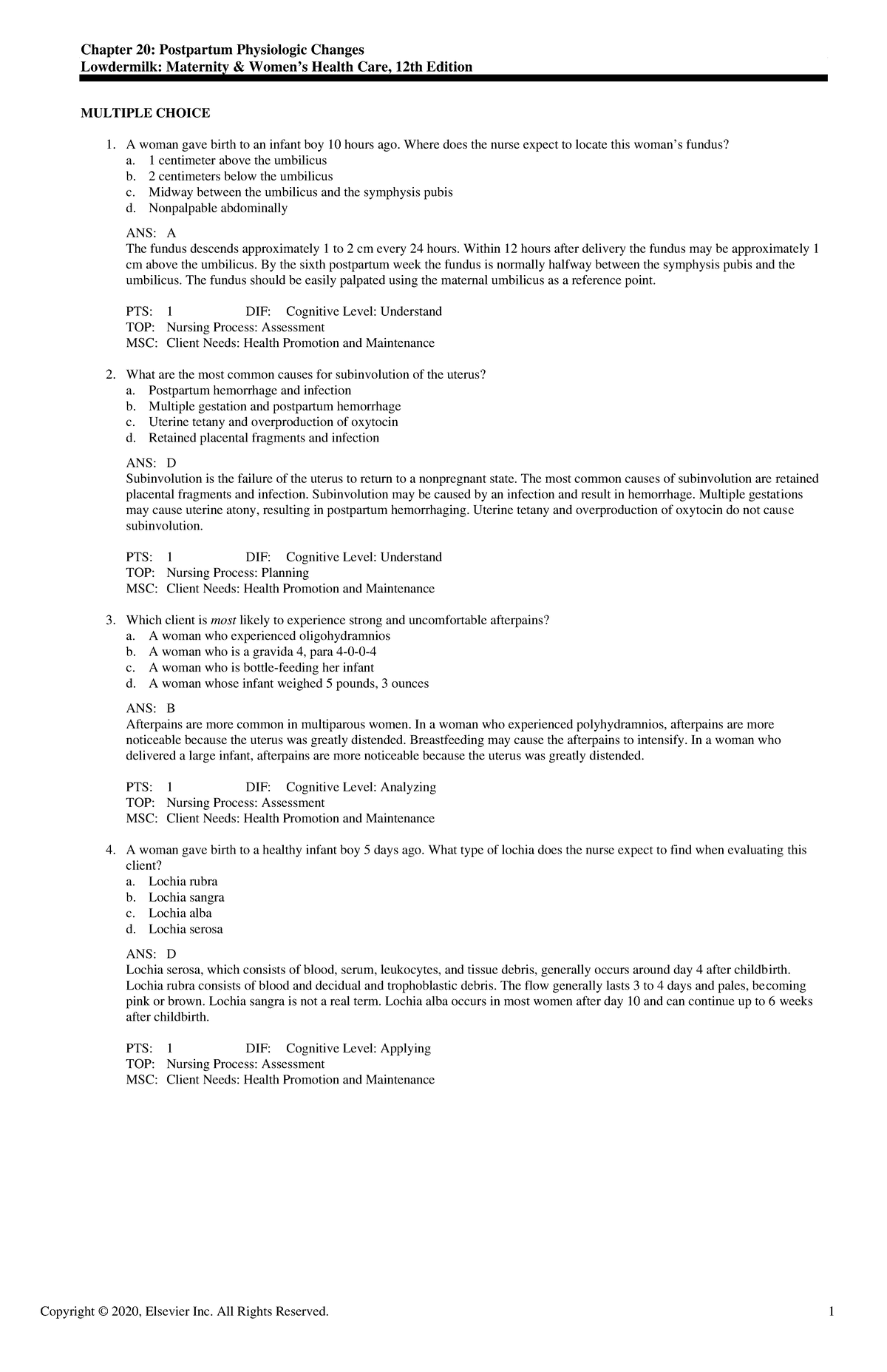 Exam View - Chapter 20 - Practice questions - Chapter 20: Postpartum ...