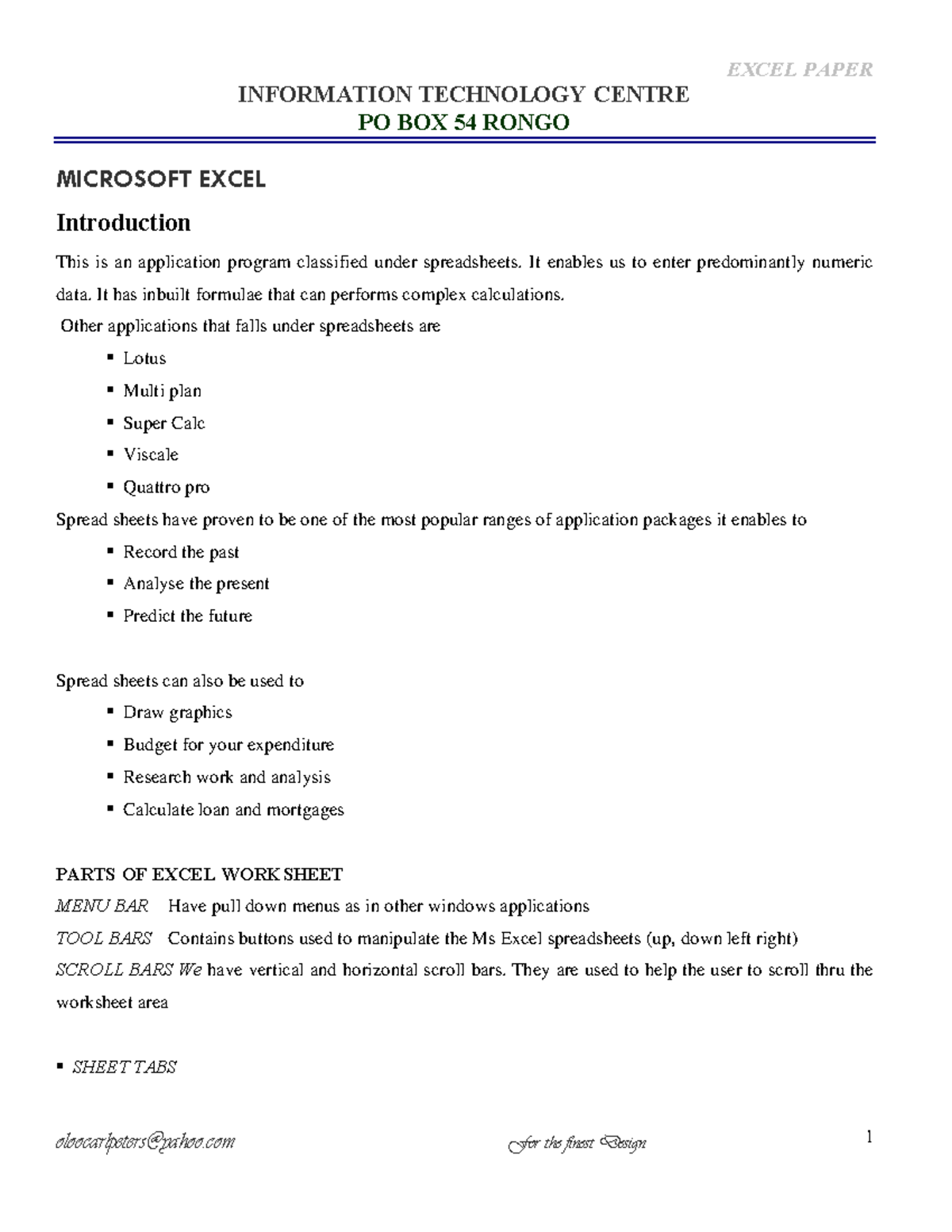 Excel Notes - INFORMATION TECHNOLOGY CENTRE PO BOX 54 RONGO MICROSOFT ...