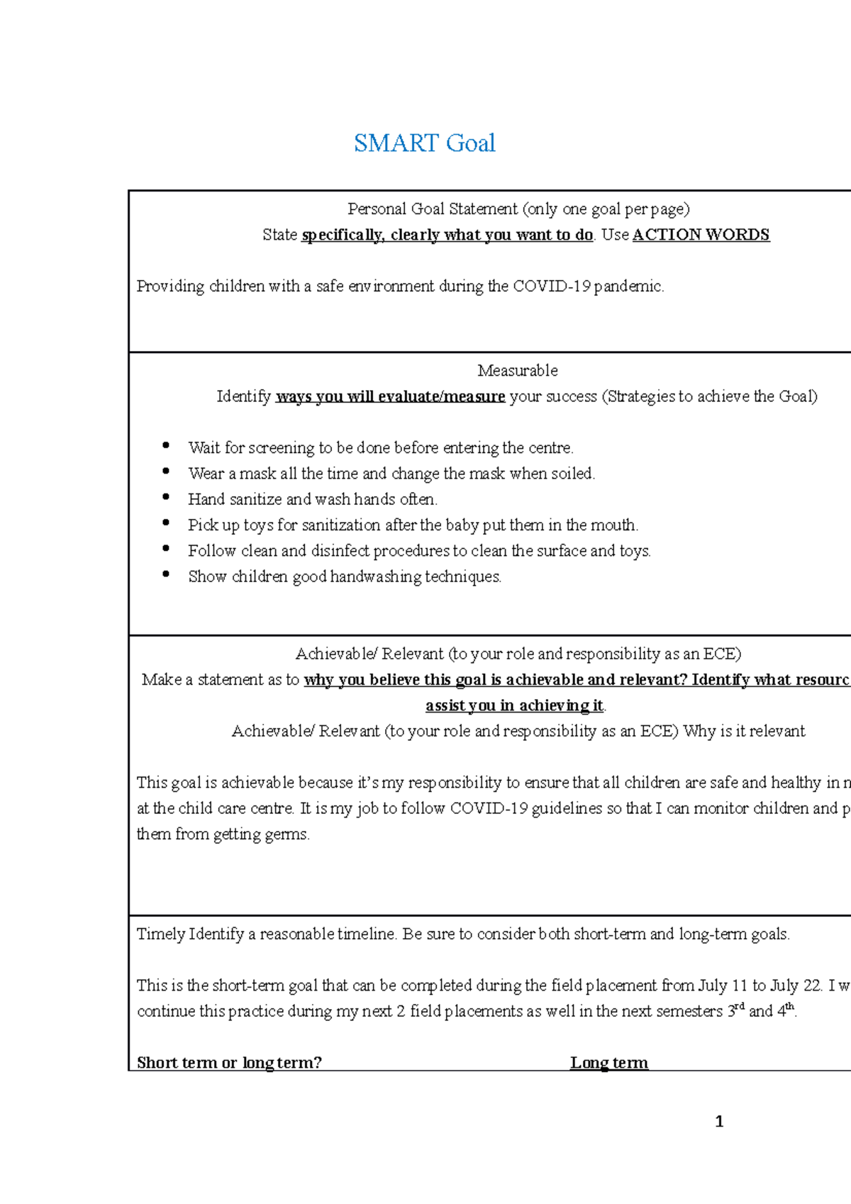 Smart Goal Template Seminar SMART Goal Personal Goal Statement