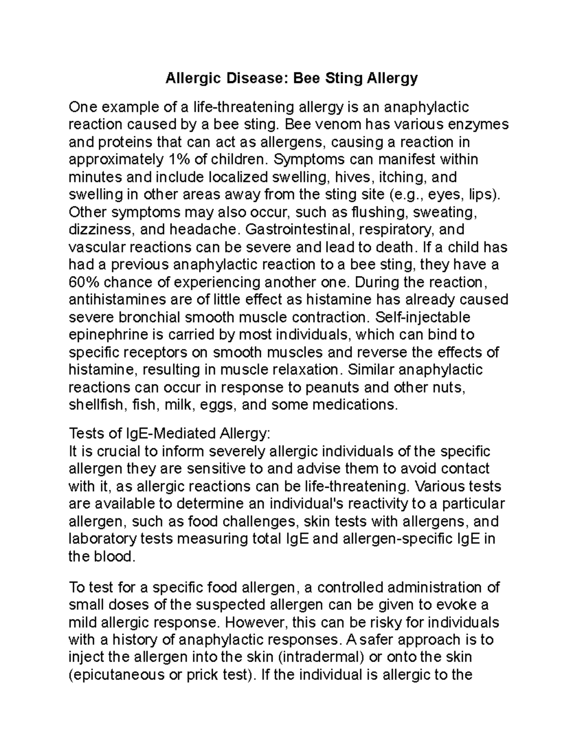 Allergic Disease - Notes - Allergic Disease: Bee Sting Allergy One ...