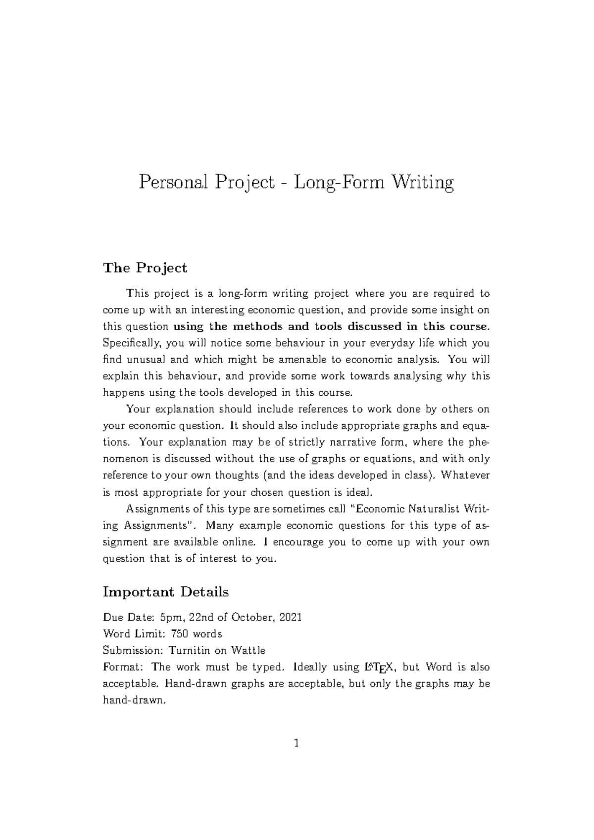 Personal Project - Assignment Sheet - Personal Project - Long-Form ...