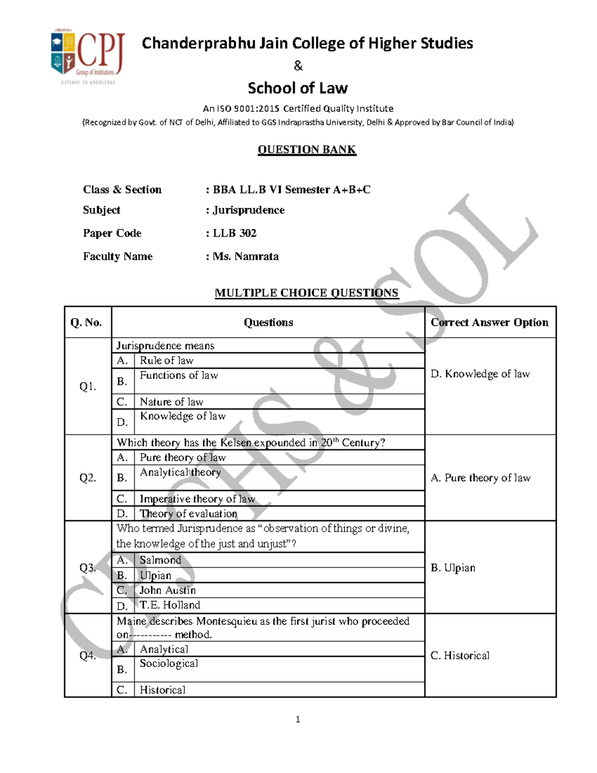 Question Bank Jurisprudence LLB 304 Bballb VI Sem - & School Of Law An ...