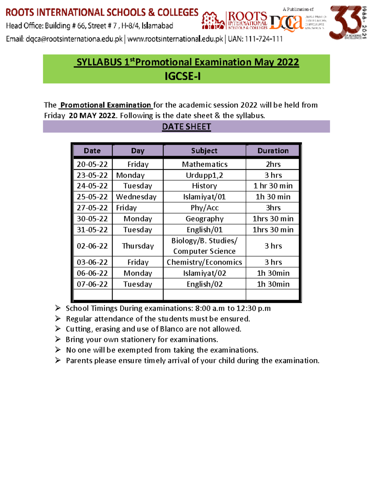 Syllabus and Date sheet IG I Promotional Examination May Final 2022 ...