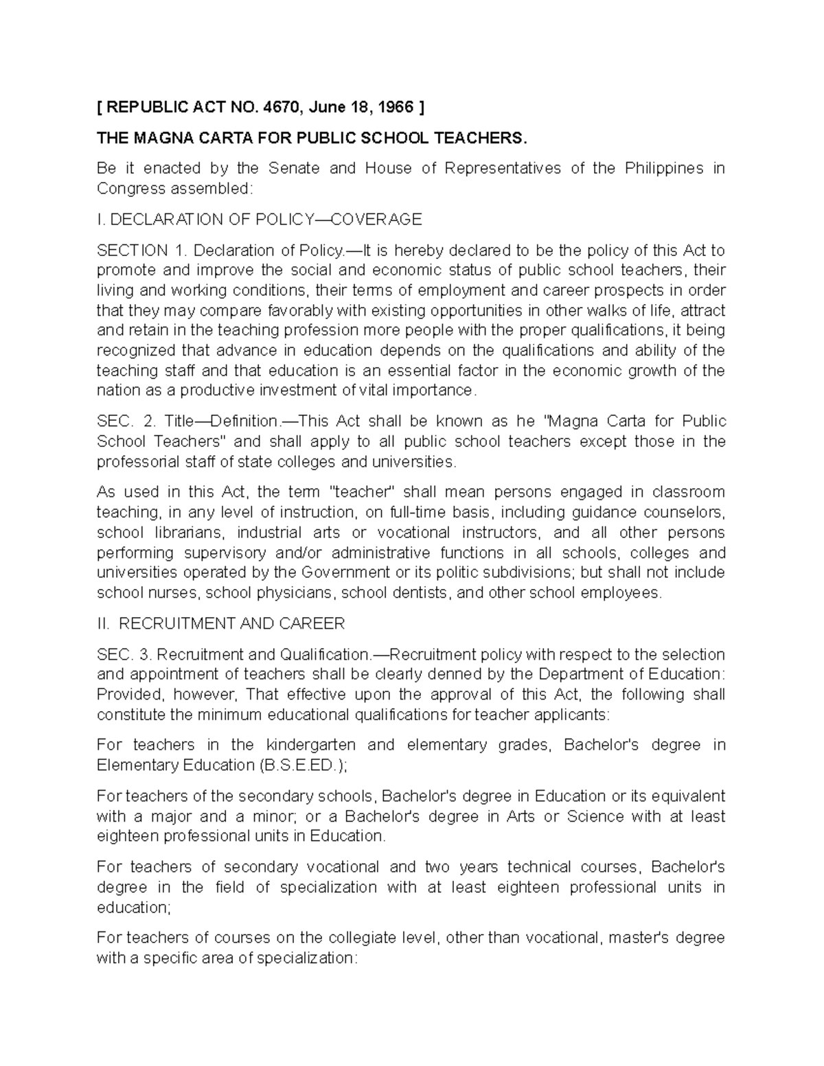 Magna Carta For Public School Teachers - [ REPUBLIC ACT NO. 4670, June ...