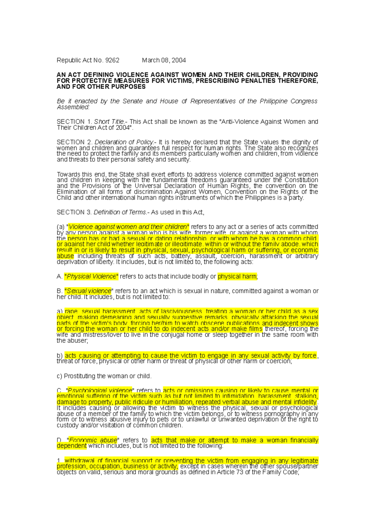 Ra-9262 - Notes - Republic Act No. 9262 March 08, 2004 AN ACT DEFINING ...