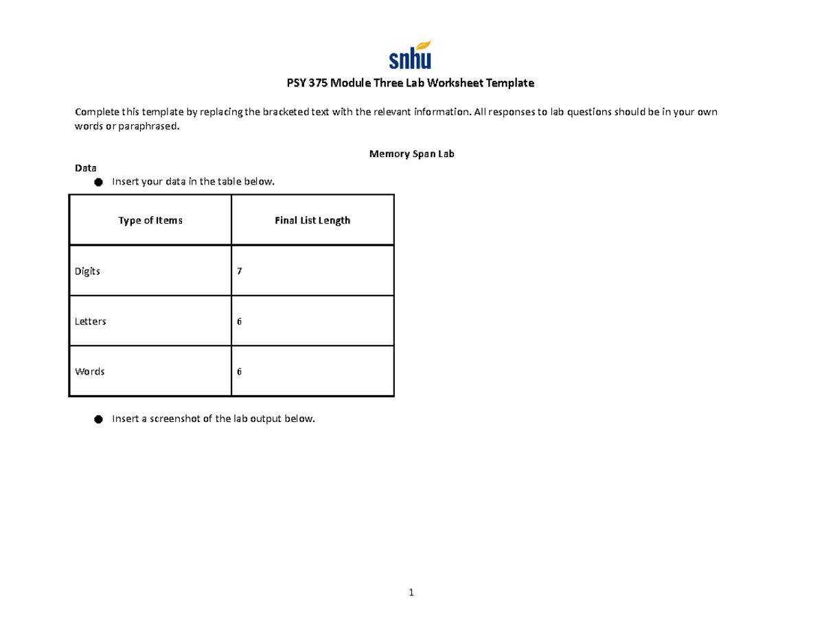 PSY 375 Module Three Lab Worksheet - All Responses To Lab Questions ...