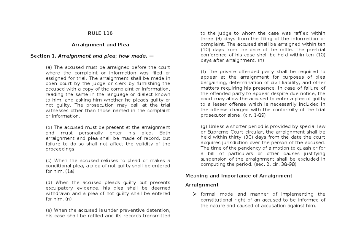 Rule 116 Criminal Procedure RULE 116 Arraignment and Plea Section 1. Arraignment and plea; how