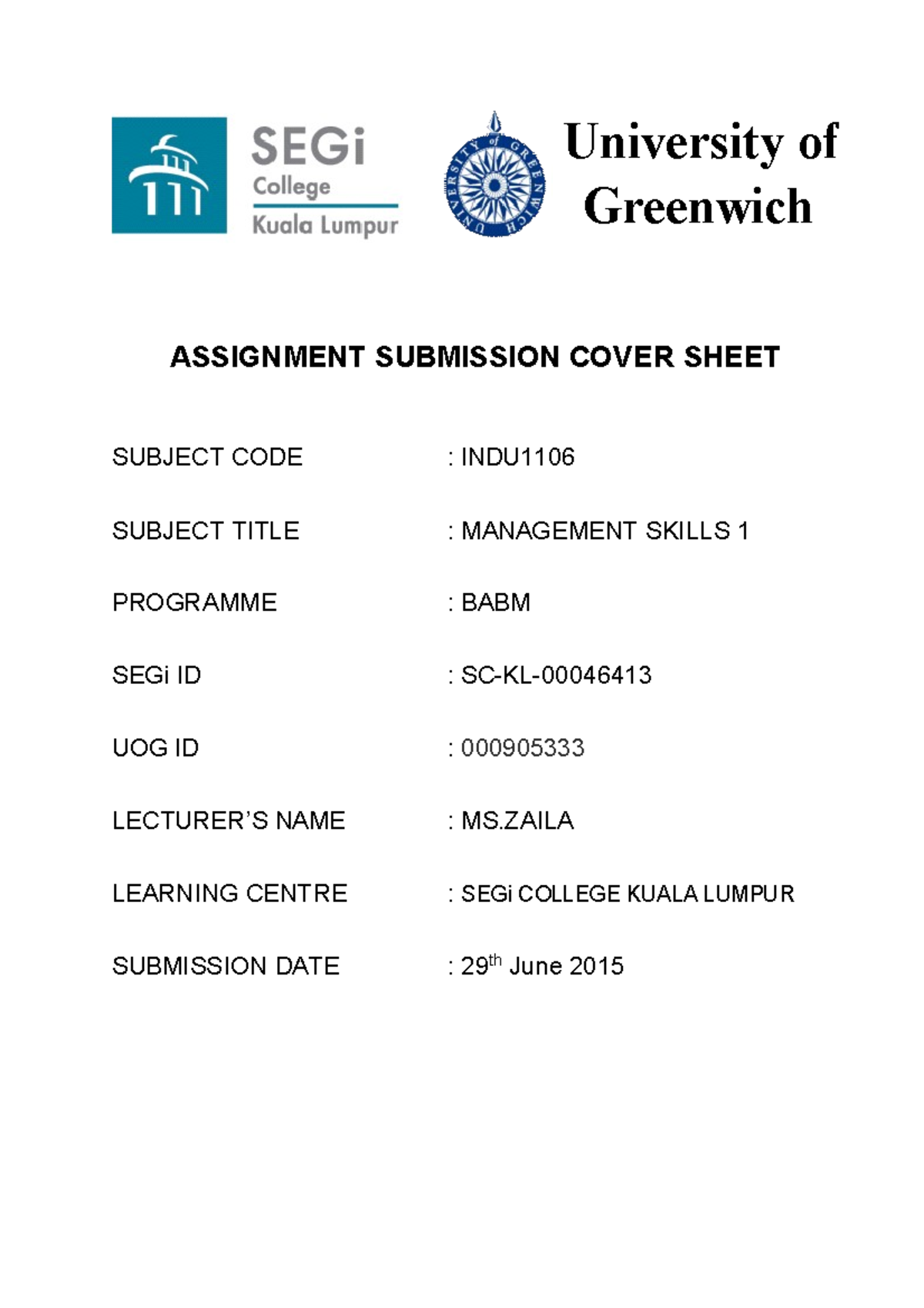Learing Log - University of Greenwich ASSIGNMENT SUBMISSION COVER SHEET ...