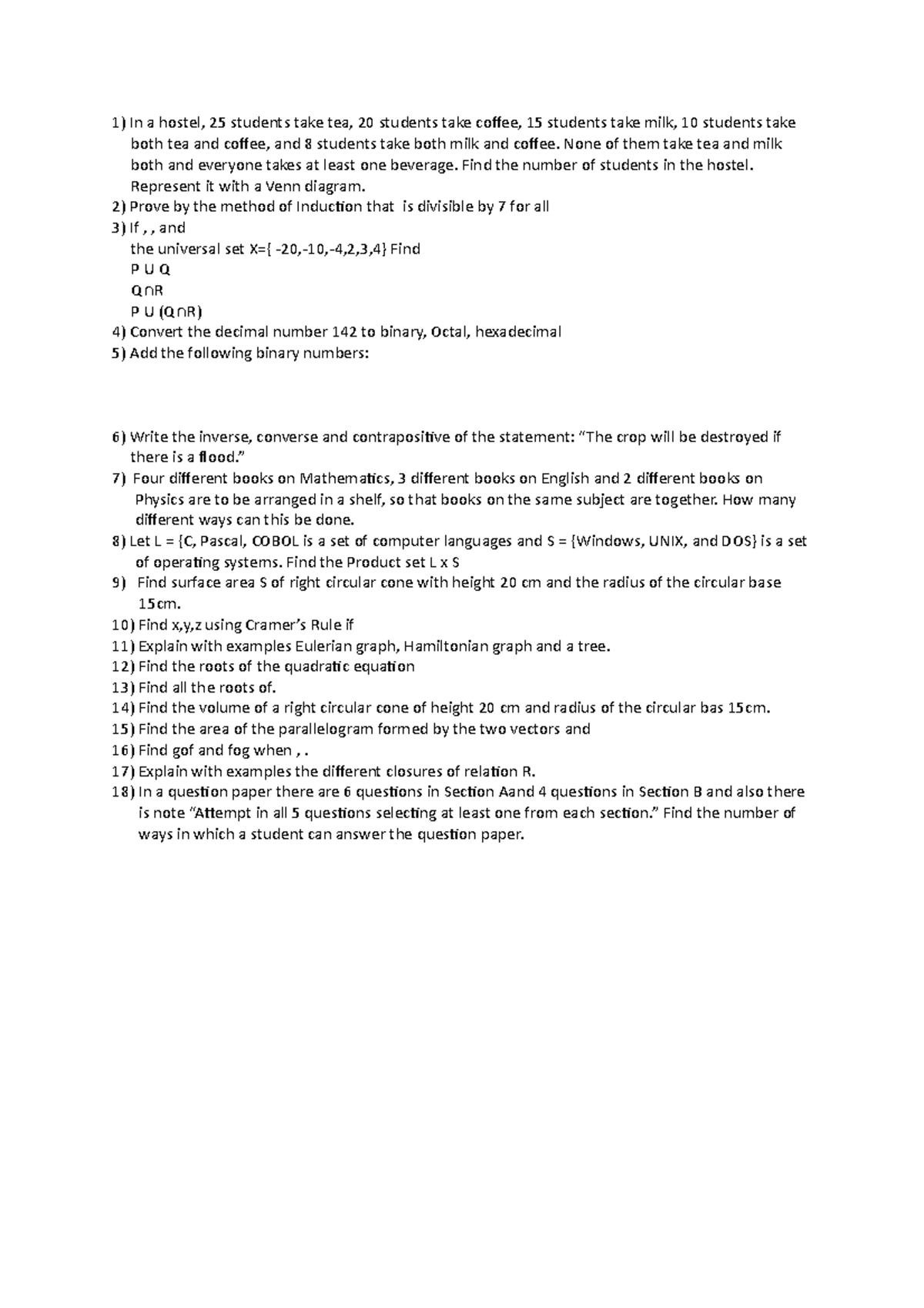 Mathematics Question bank - In a hostel, 25 students take tea, 20 ...