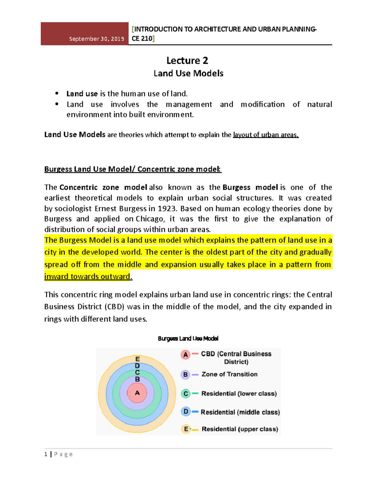 Lecture 2,Land Use Models - September 30, 2019 CE 210] Lecture 2 Land ...