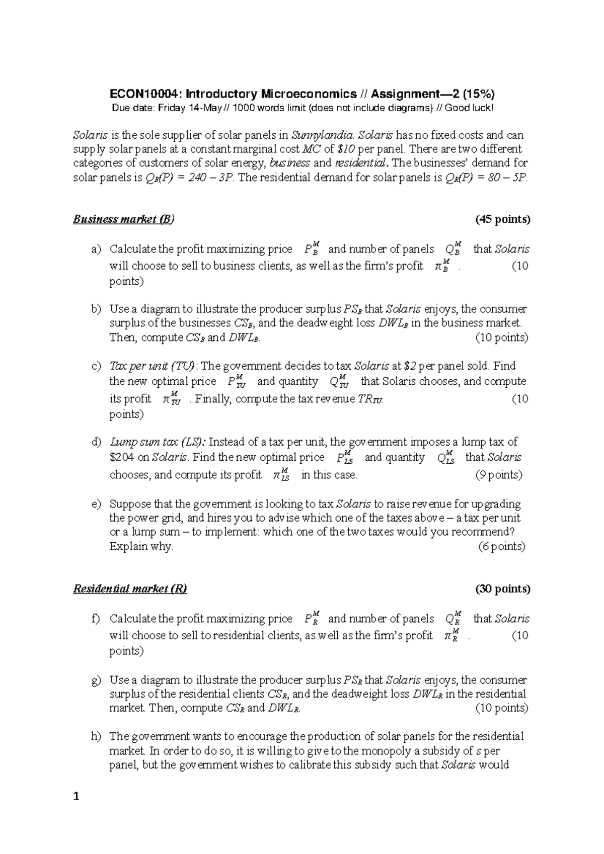 Introductory Microeconomics Assignment 2 Questions 2021 - ECON10004 ...