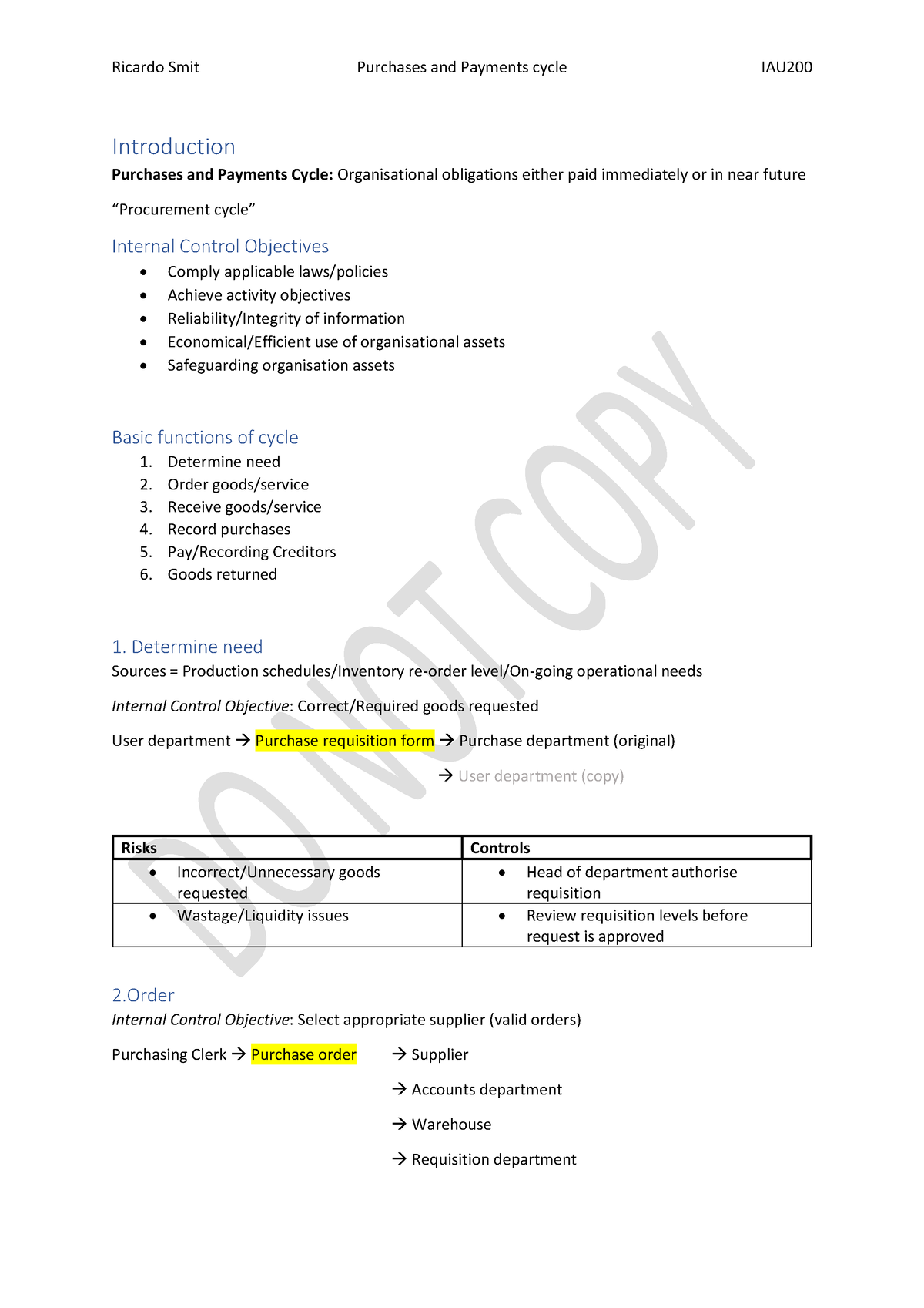 IAU 200 Summary Example - Introduction Purchases and Payments Cycle ...