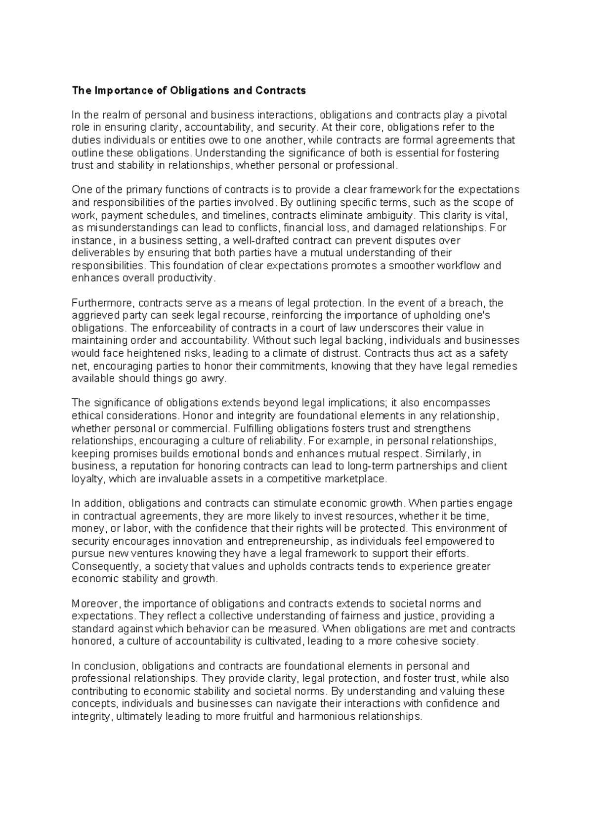 Obli essay - importance of obligations and contracts - The Importance ...