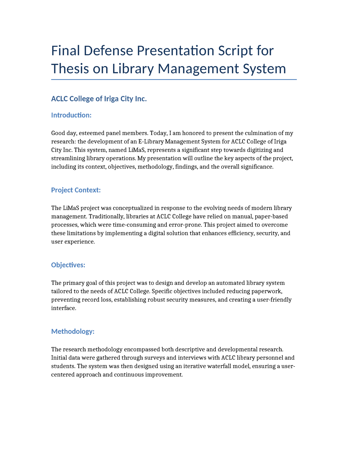 thesis defense presentation sample script