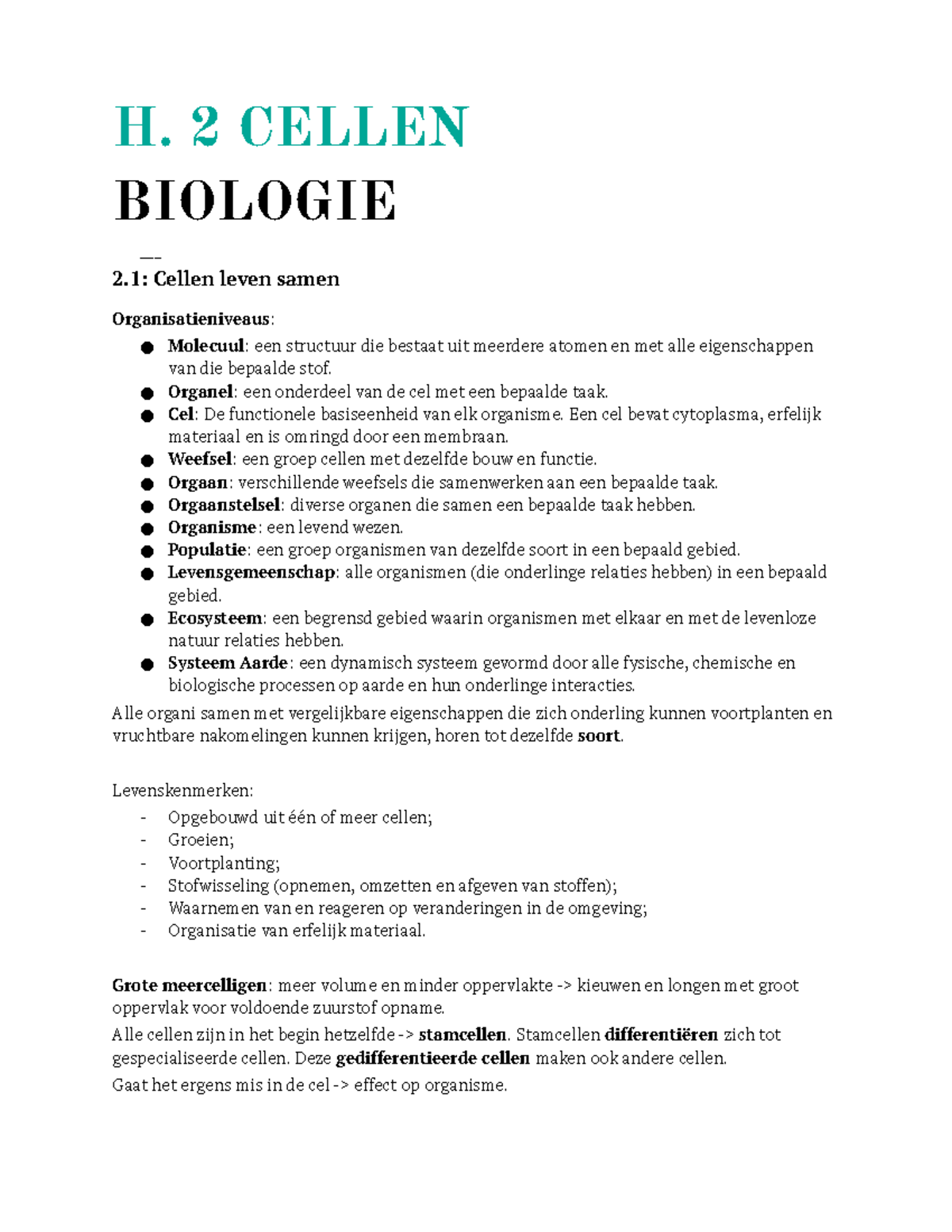 Bio Hs2 Cellen - H. 2 CELLEN BIOLOGIE ___ 2: Cellen Leven Samen ...