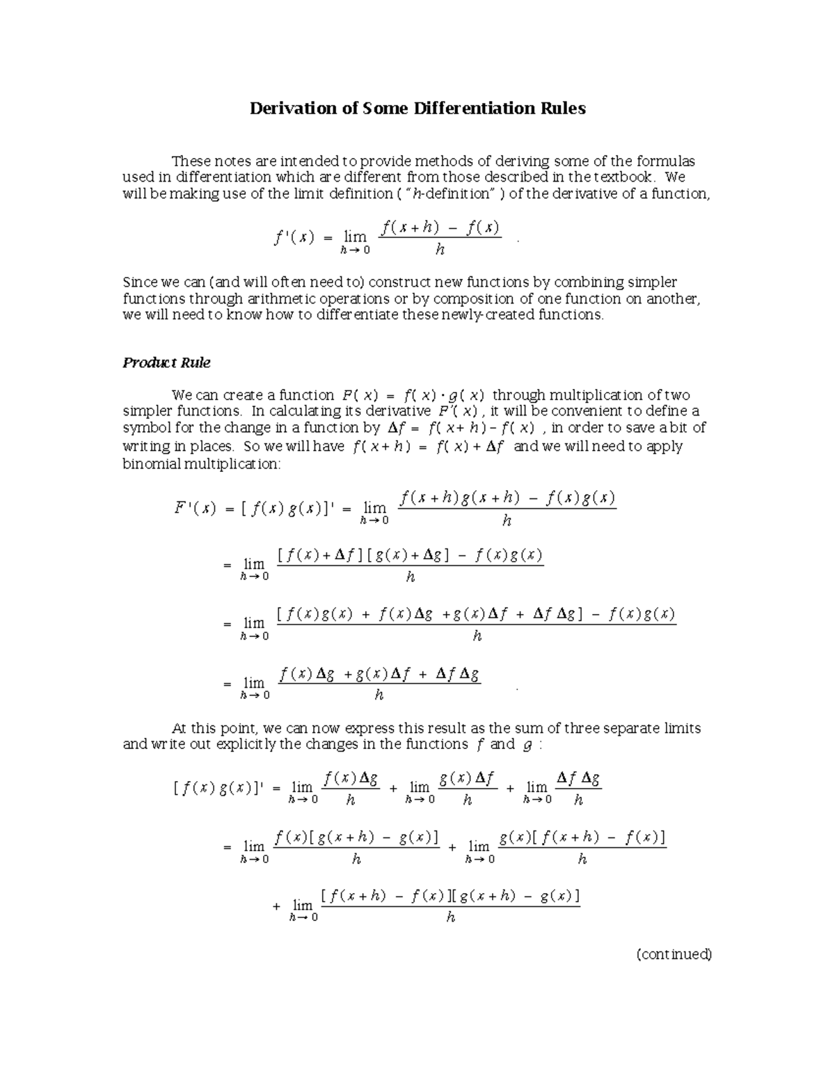 Differentiation Rules - Derivation of Some Differentiation Rules These ...