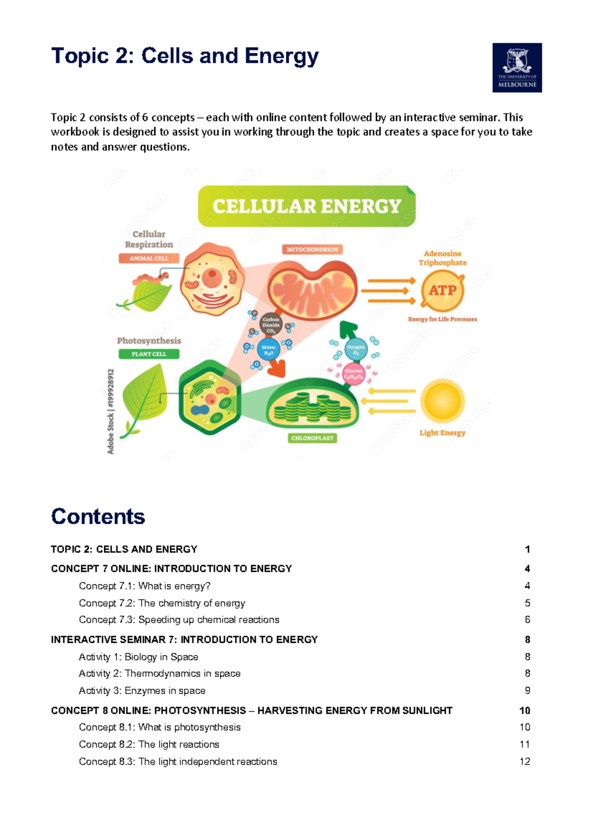 Topic 2 Workbook - 2024 - Topic 2 : Cells and Energy Topic 2 consists ...