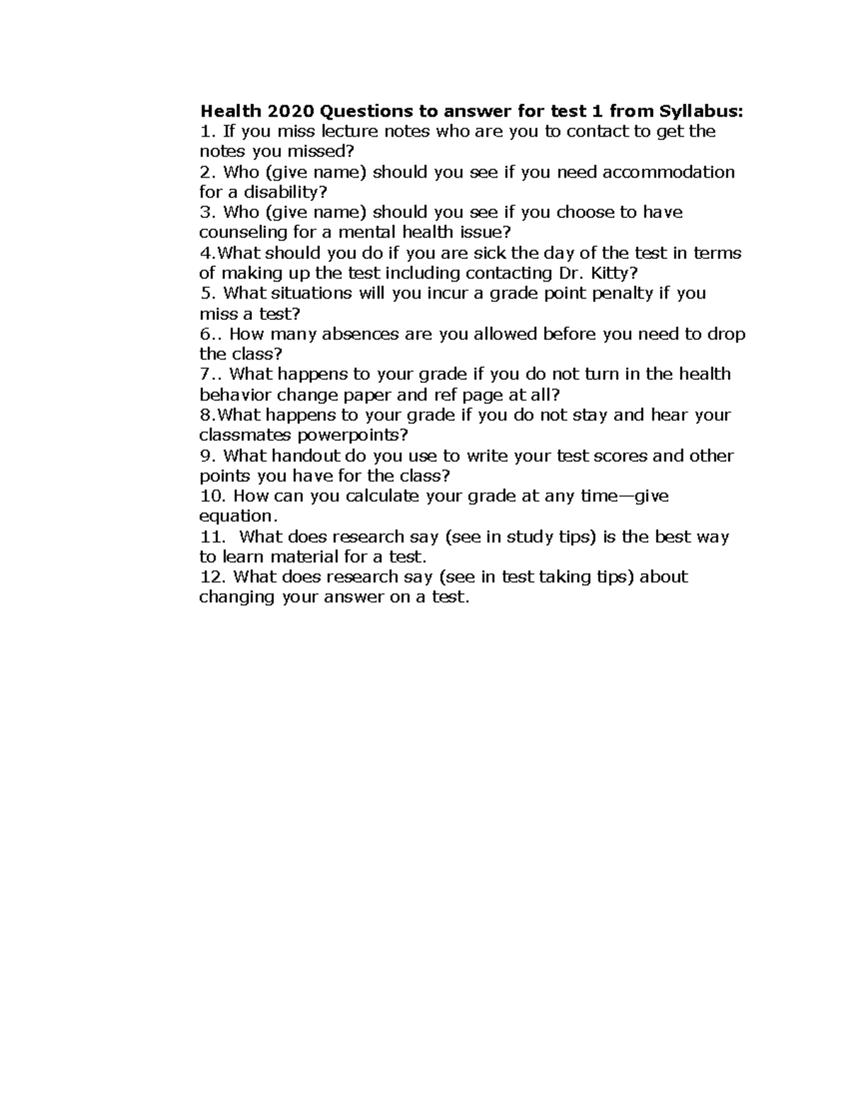 syllabus questions for test 1 Health 2020 Questions to answer for