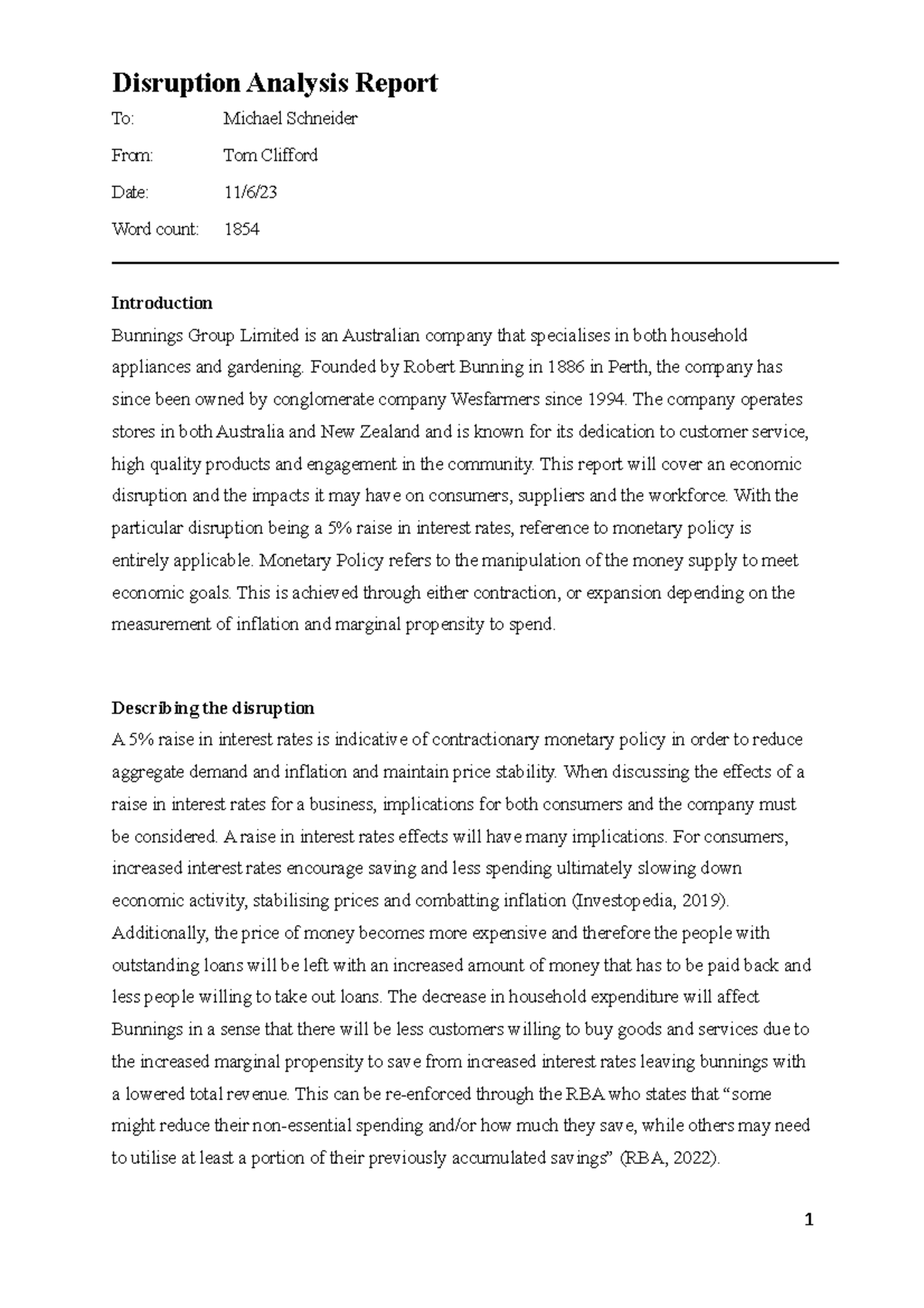 BSB106 assignment 3 - Disruption Analysis Report To: Michael Schneider ...