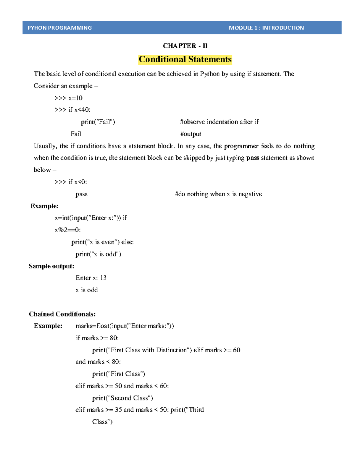 Conditional Statements - CHAPTER - II Conditional Statements The basic ...