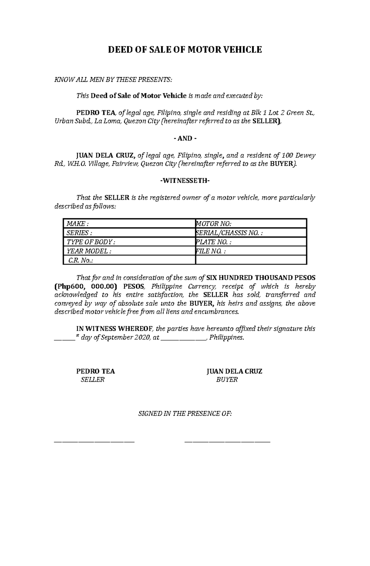 Deed Of Sale Of Motor Vehicle - , Urban Subd., La Loma, Quezon City 