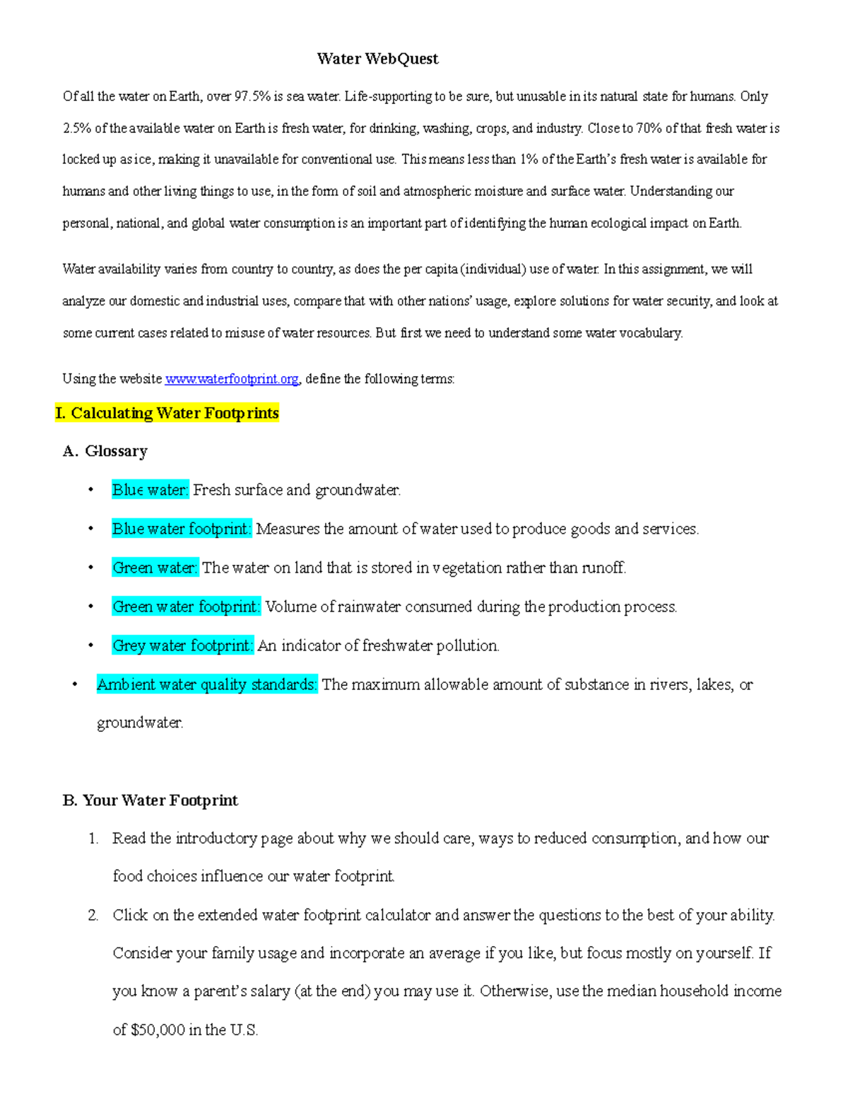 Water  Quest Environmental Science Assignment Water Quest Of
