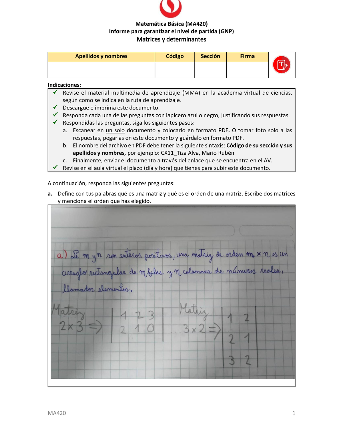 1. Antes Informe GNP Sem3 - MA420 1 Matem·tica B·sica (MA420) Informe ...