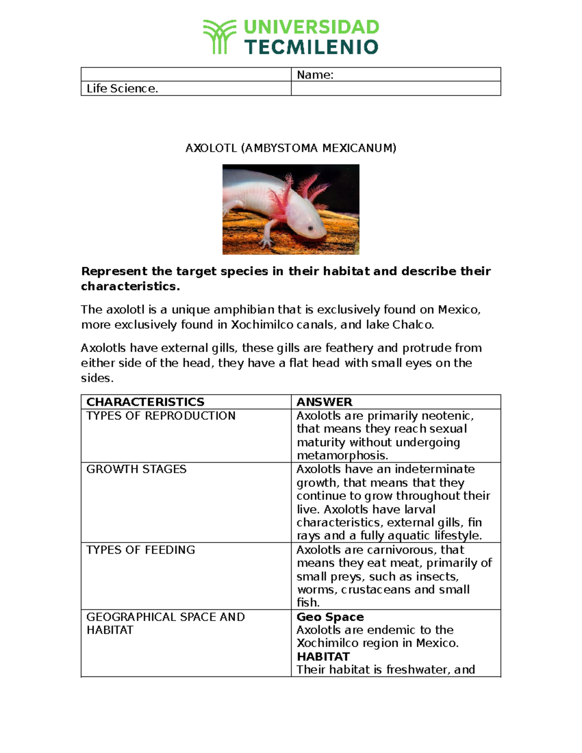 Evidence 1 LIFE Science - Name: Life Science. AXOLOTL (AMBYSTOMA ...