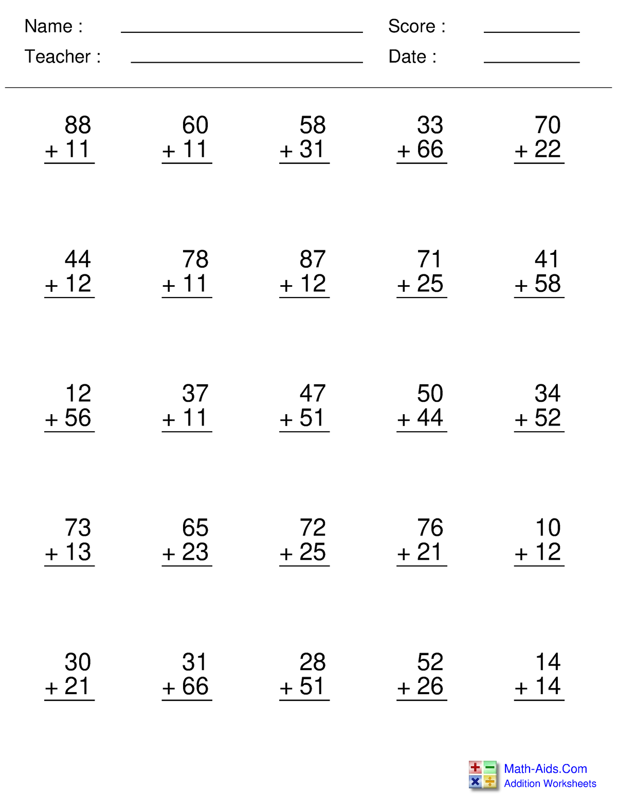 Non-Regrouping - Math worksheets for k5-1 lesson plans - Name : Teacher ...