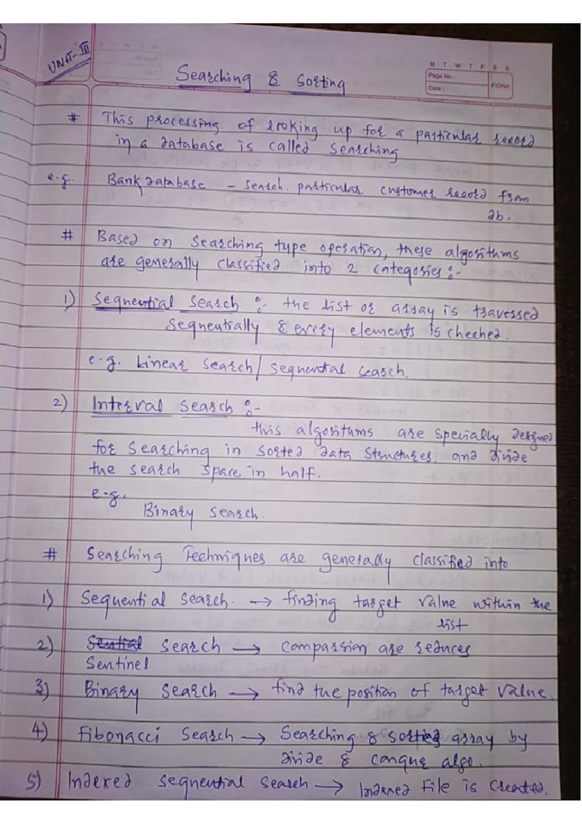 FDS UNIT 3 - FDS NOTES - UNIT. M T W T F Searching 8 sorting Page No ...