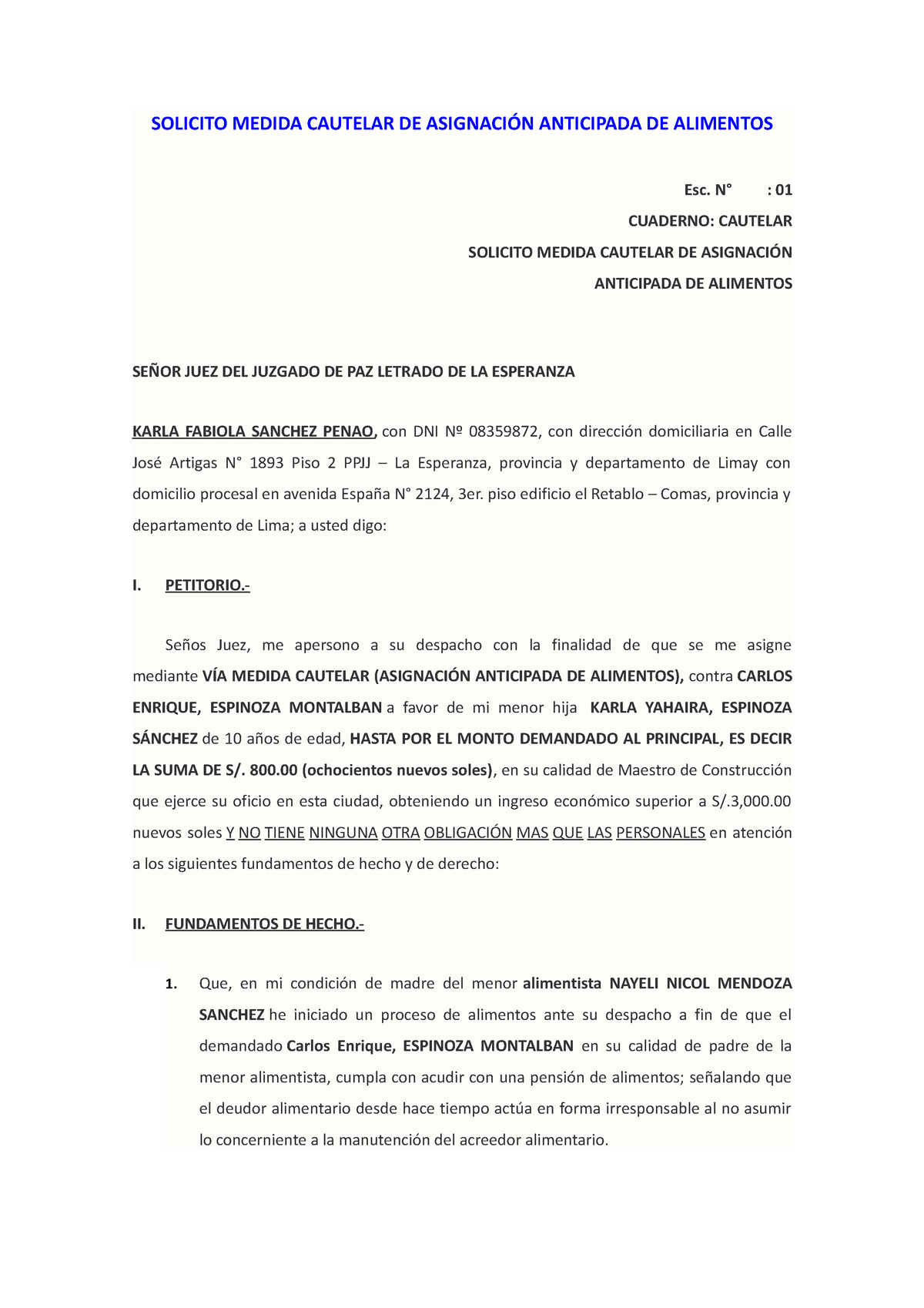 Solicito Medida Cautelar DE Asignación Anticipada DE Alimentos ...