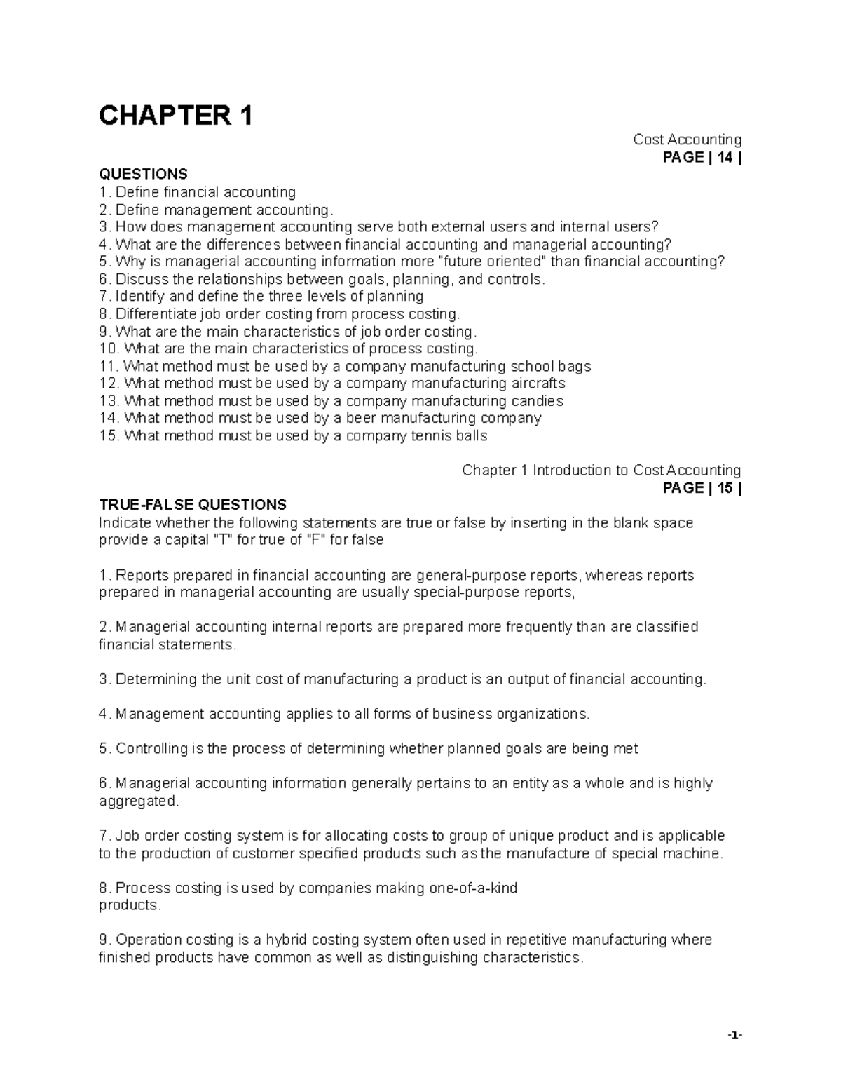 Cost Accounting Chapters 1-4 Activities - Chapter 1 Cost Accounting 