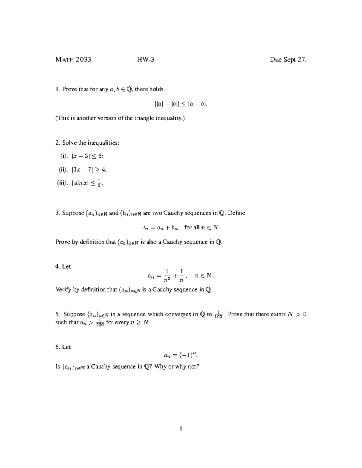 HW-3-Math2033 - M ATH 2033 Due Sept 27. 1. Prove that for any a, b Q ...