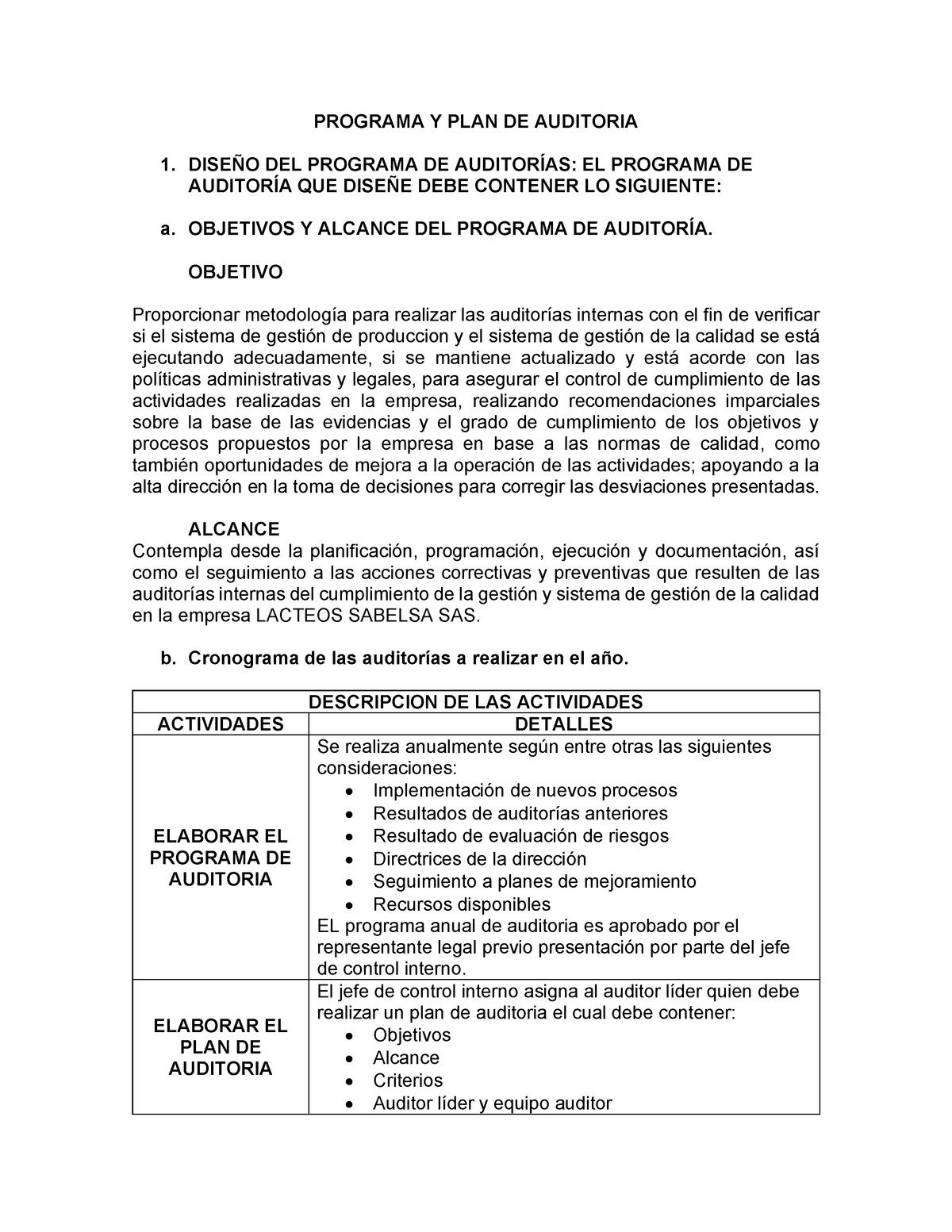 Auditoria Interna Act 2 Programa Y Plan De Auditoria 1 DiseÑo Del