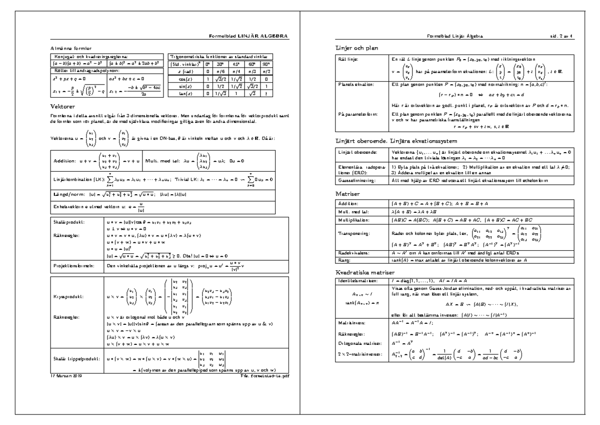 Formelblad - ¨ ALGEBRA Formelblad LINJAR Formelblad Linj¨ Ar Algebra ...