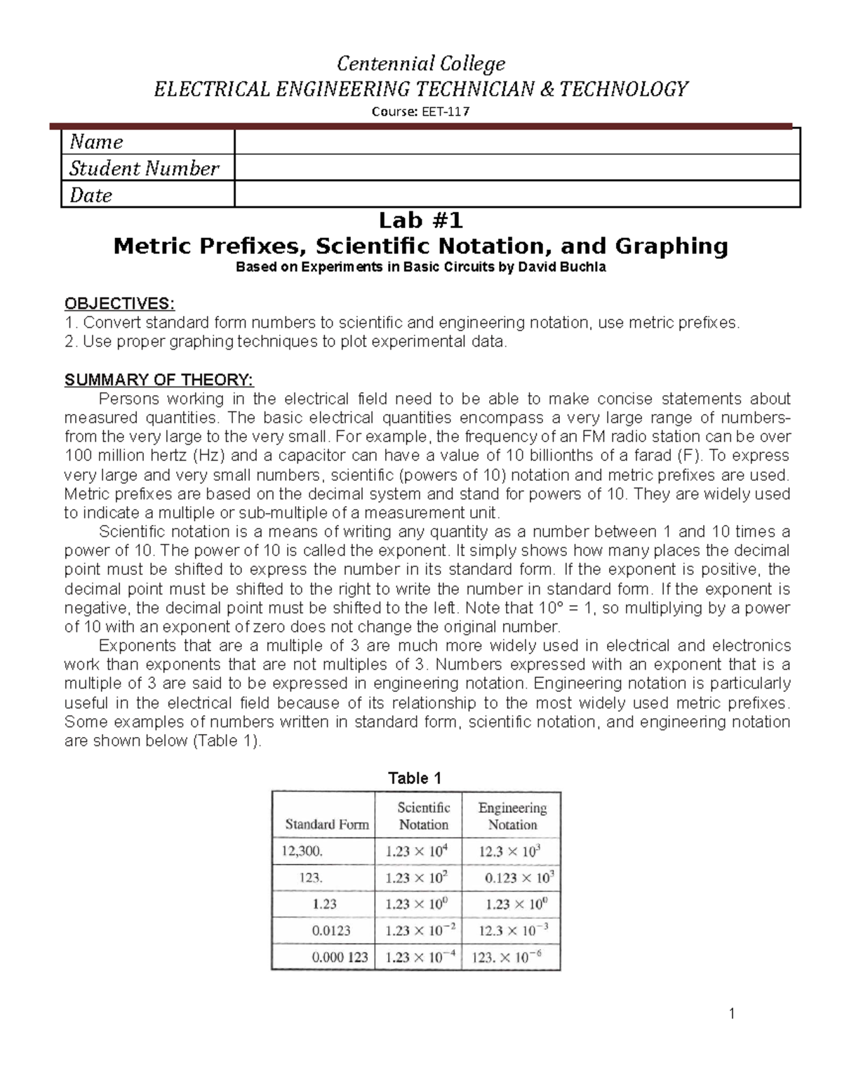 EET-117 LAB 1 22W - wow - Centennial College ELECTRICAL ENGINEERING ...