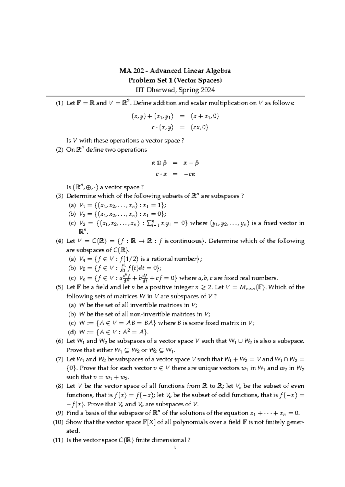 Problem Set-01 - Practice 1 - MA 202 - Advanced Linear Algebra Problem ...