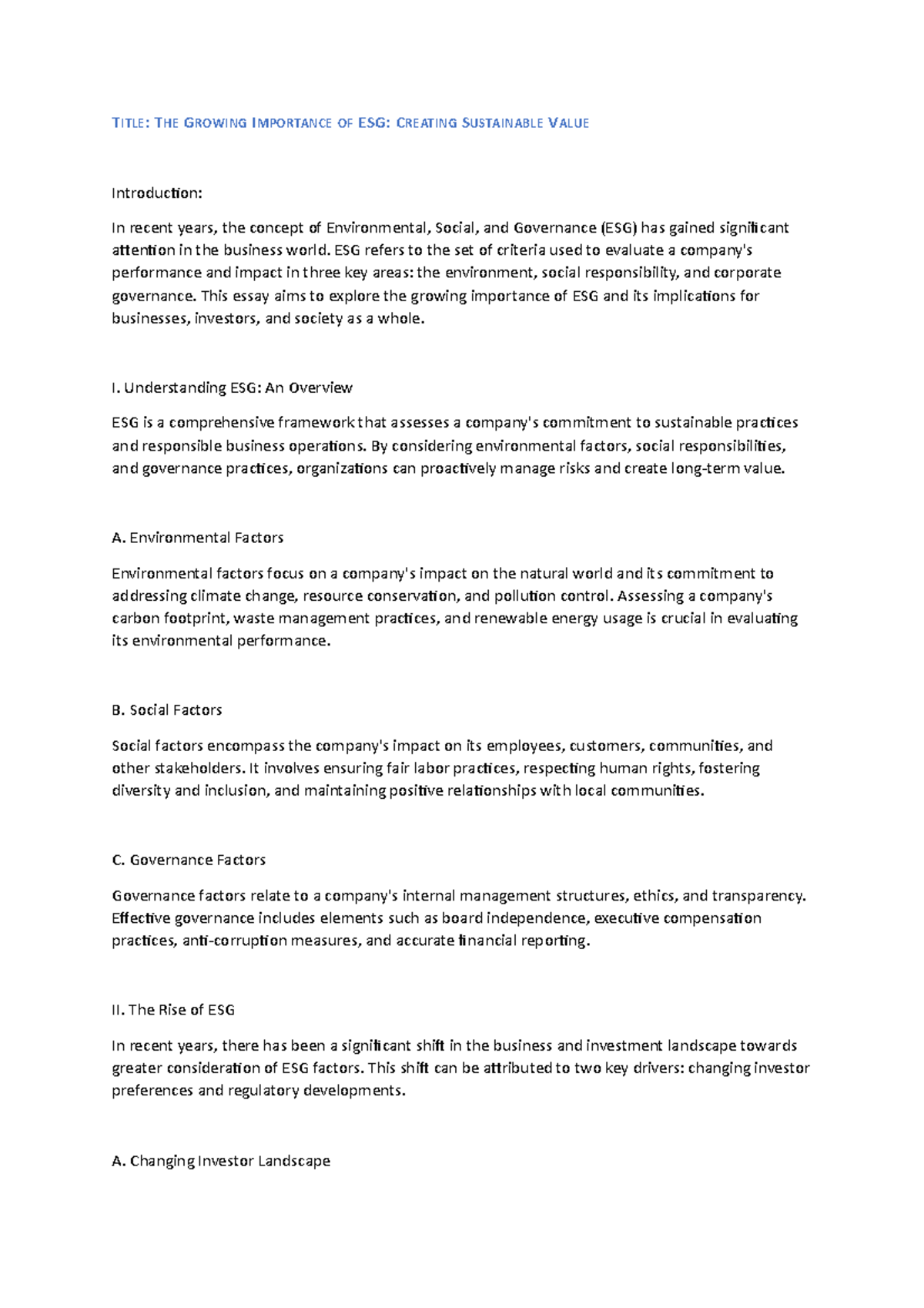 ESG Analysis through green finance - TITLE: THE GROWING IMPORTANCE OF ...