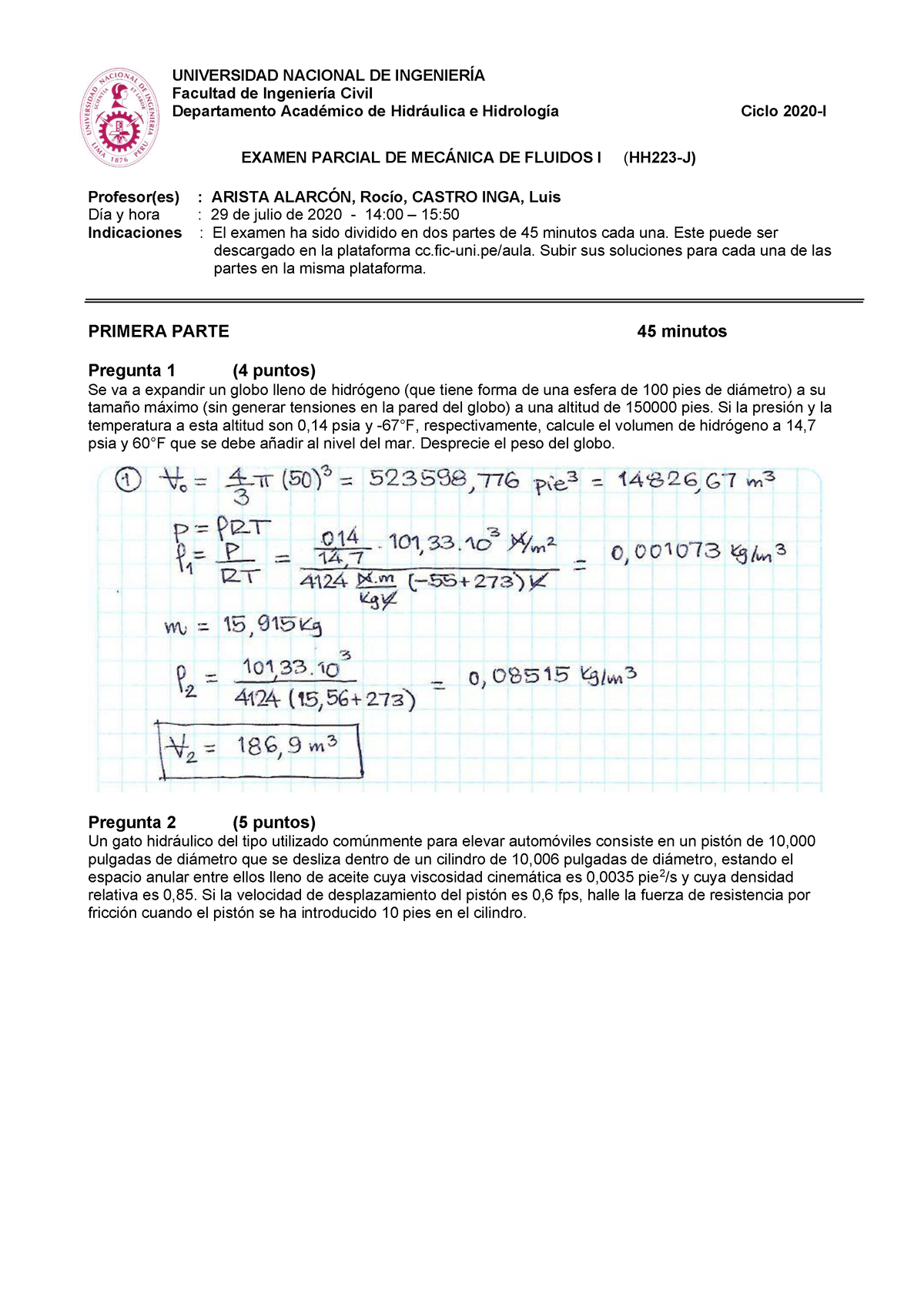 (20.1) Parcial DE Fluidos Resuelto - UNIVERSIDAD NACIONAL DE INGENIERÍA ...