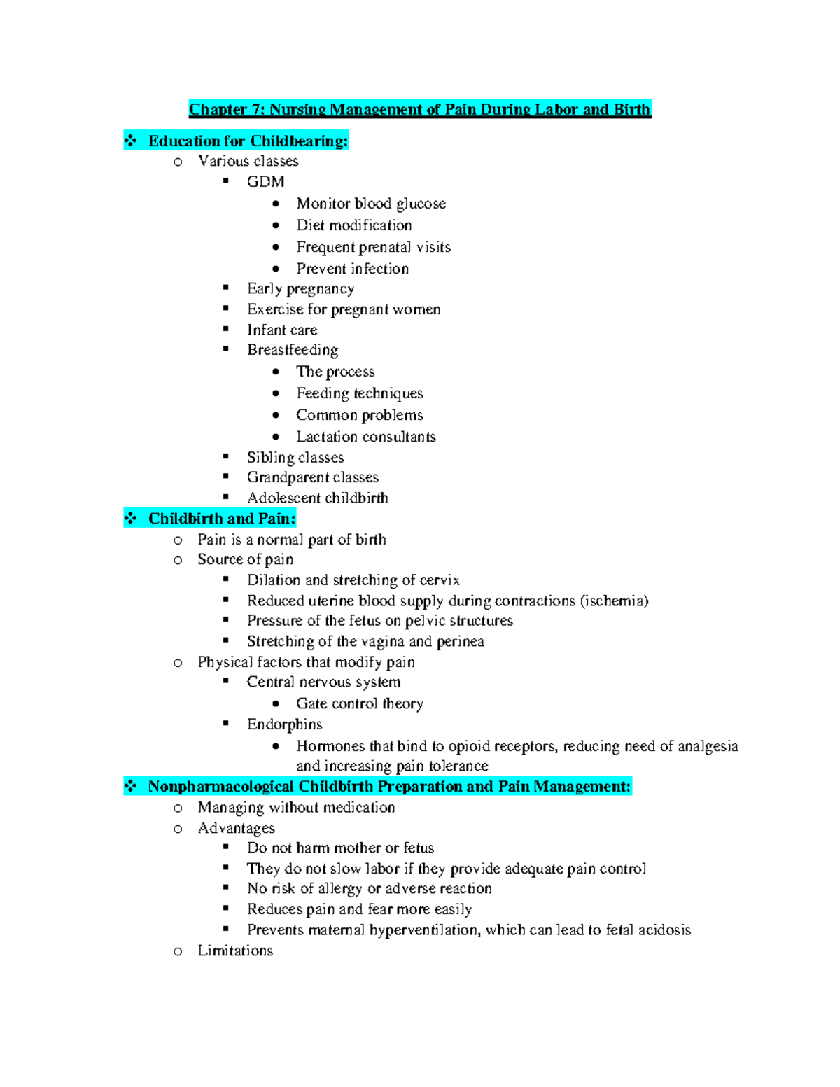 Chapter 7,12,13,14 Notes - Chapter 7: Nursing Management of Pain During ...