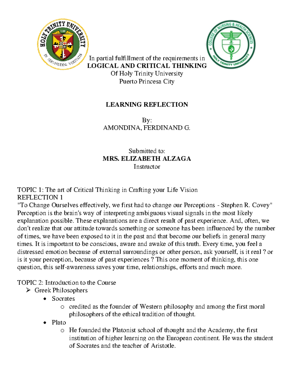 Logical and Critical thinking, Narrative Report - In partial ...